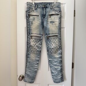 Robins Jeans men’s 32x34 Racer Moto Biker Grunge light wash studded gems acid